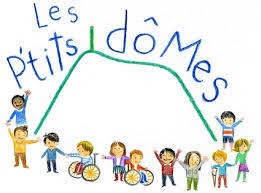au dessus de la silhouette du puy de Dôme apparait le nom de l'association. Au pied du Puy de Dôme une ribambelle d'enfants valides ou en fauteuils roulants u dessin simpifié