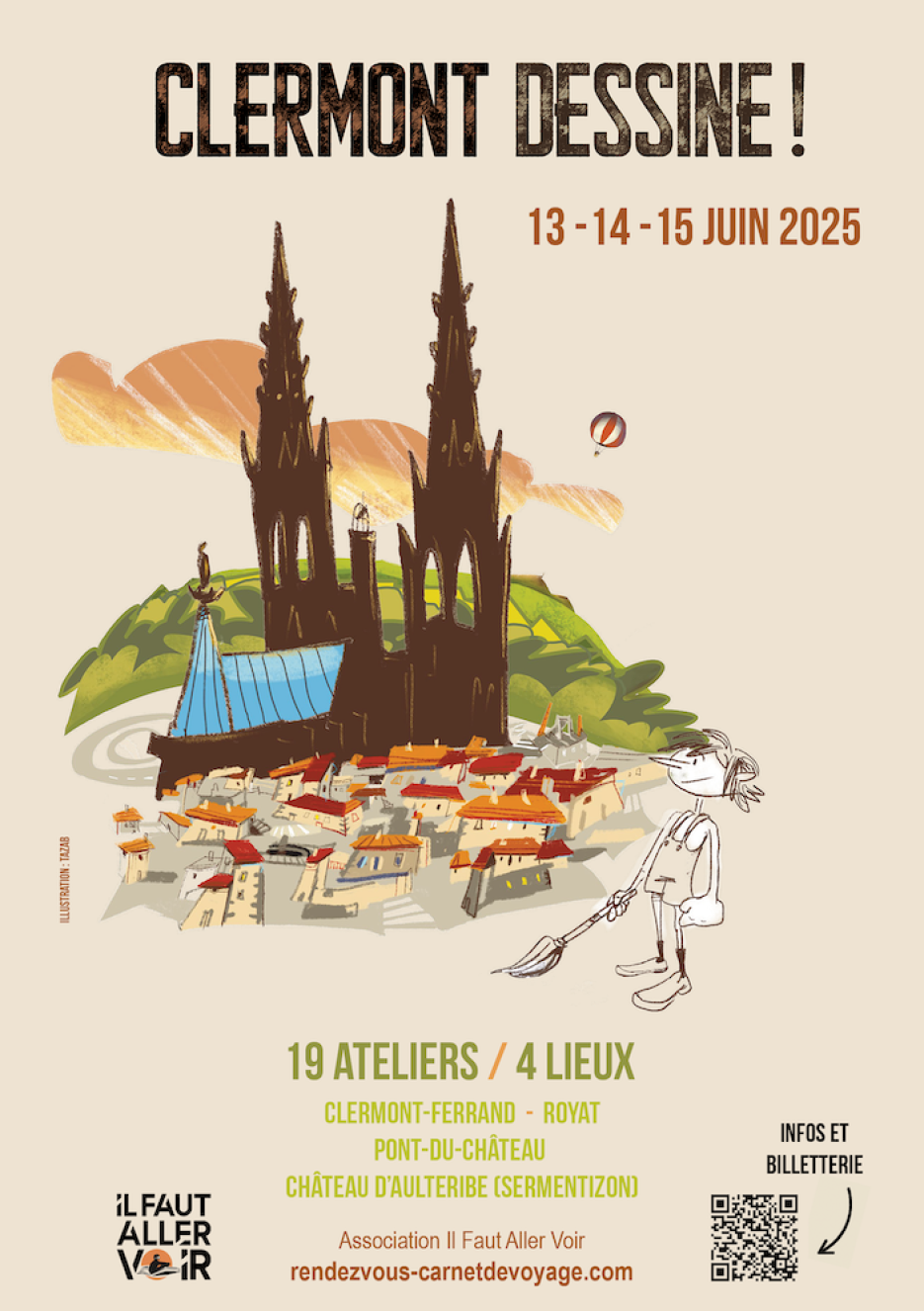 Flyer de Clermont Dessine, qui se tiendra du 13 au 15 juin 2025, 19 ateliers, 4 lieux : Clermont-Ferrand, Royat, Pont-du-Château, Château d'Aulteribe (Sermentizon)